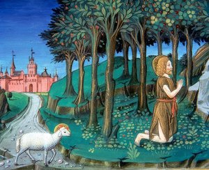 Johannes Døberen beder ved byens porte (c.143v). 1476 af Cristoforo De Predis