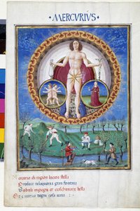 Merkur med tegn på Jomfruens og Gemels stjernetegn. Nedenunder arbejder bønder på markerne. Miniature lavet af Cristoforo de Predis (v. 1440-v. 1486) - i “” De Sphaera””” d