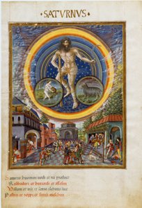 Saturn med stjernetegn på vandmanden og stenbukken. Spilscenerne og dens indflydelse på mænd. (miniature, ca. 1470)