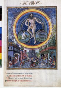 Saturn med stjernetegn på vandmanden og stenbukken. Nedenunder, spilscenerne og dens indflydelse på mænd. Miniature lavet af Cristoforo de Predis (v. 1440-v. 1486) - i “” De Sphaera””” d