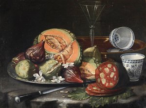 ""Still life"" (Still life) Melon, pølse, figner og kinesisk porcelæn Maleri af Cristoforo Monari (Munari) (1667-1720), - Olie på lærred, 44x56 - Fondation Custodia