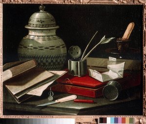 Stilleben med skriveredskaber. Blæk og blækhus med fjerpen, kuvert, æske indeholdende sandsynligvis den nødvendige skrift og brevåbner (brevåbner). Maleri af Cristoforo Monari (Munari) (1667-17