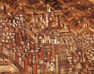 Udsigt over Genova og dets slot (detaljer) 1597 (olie på lærred) af Cristoforo de Grassi