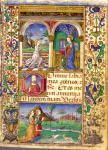 Bebudelse, Borromeos tidebog, med Giovanni III Borromeo og hans kone Cleofa Pio da Carpi i bøn. af Cristoforo De Predis