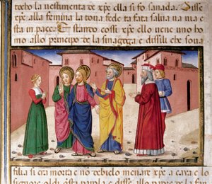 Jesus henvender sig til kvinden skyldig i utroskab Miniature af Cristoforo De Predis (1440-1486) efter Historien om Det Nye Testamente (fol. 61) af Cristoforo De Predis