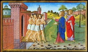 Jesus og de spedalske. Miniature af Cristoforo af Predis - i Historia af det nye testamente af Cristoforo De Predis