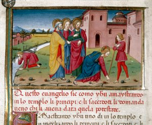 Jesus giver syn til en blind mand af fødsel Miniature af Cristoforo De Predis (1440-1486) efter Det Nye Testamentes historie (fol. 7) af Cristoforo De Predis