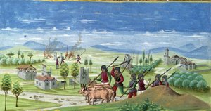 Plyndring under krigen. detalje af "" Sun Influence "": The War. Miniature lavet af Cristoforo de Predis (v. 1440-v. 1486) - i “” De Sphaera””” d