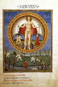 Merkur med tegn på Jomfruens og Gemels stjernetegn. Bønder, der arbejder på marken (miniature, ca. 1470)