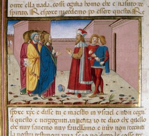 Farisæeren Nicodema besøger Jesus Miniature af Cristoforo De Predis (1440-1486) efter Det Nye Testamentes historie (fol. 58) af Cristoforo De Predis