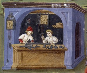 en urmager i "" Indflydelse af månen "": håndværkere. Miniature lavet af Cristoforo de Predis (v. 1440-v. 1486) - i “” De Sphaera””” d