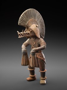 Danser med krokodillehjelm, 300 BC-300 AD (lertøj med spor af polykromt pigment) af Culture Colima