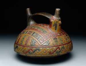 Dobbelt-tud rem-håndtag fartøj forestillende en falk, tidlig horisont, epoke 8, ca. 500-400 f.Kr. (keramik & harpiks-suspenderet maling) af Culture Paracas