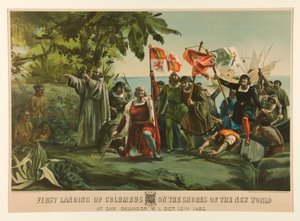 Første landing af Columbus på kysterne af den nye verden af Currier and Ives