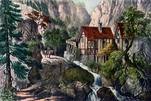 Gamle schweiziske mølle, 1872. af Currier and Ives