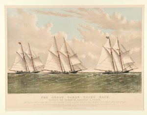 The Great Ocean Yacht Race mellem Henrietta, Fleetwing og Vesta af Currier and Ives