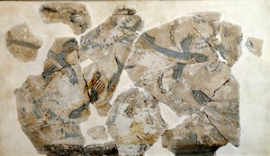 Kykladisk kunst: fragment af freskomaleri, der forestiller flyvefisk (havssvaler). fra stedet for Phylakopi (øen Melos) 2500 f.Kr. Dim. 23 cm Athen, nationalt arkæologisk museum - kykladisk kunst: fragmenter af en fresco, der forestiller flyvende fisk (ter af Cycladic