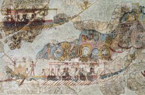 Flåde af skibe, freskomaleri fra Thera, Sydlige Kykladerne, Grækenland kykladisk civilisation, 3.-2. årtusinde f.Kr.