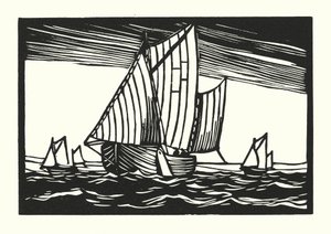 Fiskerbåde og pramme: Brighton Hoggies (træsnit) af Cyril A. Wilkinson