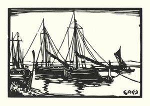 Fiskerbåde og pramme: Leigh Bawleys (træsnit) af Cyril A. Wilkinson