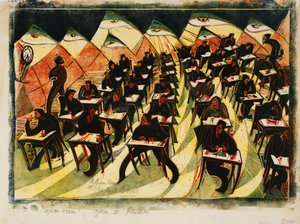 Eksamenslokalet, ca. 1934 (linosnit trykt i farver på tyndt Japan)