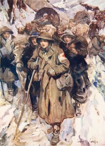 Modige sygeplejersker i den serbiske hærs tilbagetog (farve litho) af Cyrus Cuneo