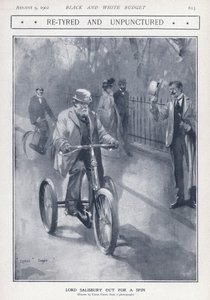 Engelsk konservativ politiker og premierminister Lord Salisbury kører på en trehjulet cykel (litho)