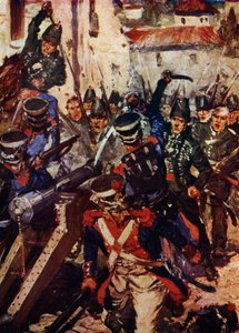 Riflebrigaden rydder en landsby (farve litho) af Cyrus Cuneo
