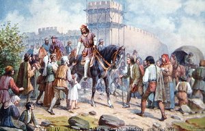 Charles IV hilste på almindelige mennesker under hans udvidelse af Prags befæstninger i 1361, postkort fra begyndelsen af det tyvende århundrede (farve litho) af Czech School