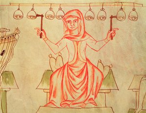 Mx XXIII C.124 Musiker, der spiller klokker, fra Velislav-bibelen, ca. 1340 af Czech School