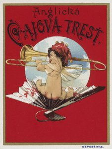 Produktetiket, der viser en kerub, der spiller en trombone af Czech School