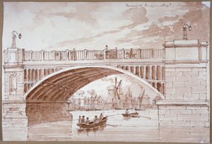 Udsigt over en lille båd, der passerer under Vauxhall Bridge, London, 1820. af DHC