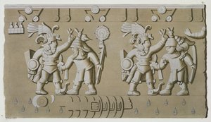 Basrelief af gamle aztekiske krigere, fra Tizoc-stenen til minde om en hersker, der holder sine fanger i hovedet