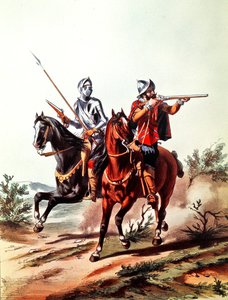 Fransk kavaleri bevæbnet med hjullåsepistoler (farve litho) af D. de (after) Noirmort