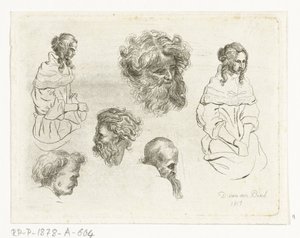 Studieark med hoveder og kvindekroppe af D. van den Bosch