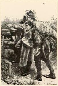 Evangelist viser vejen fra The Pilgrims Progress From This World, To That Who Is To Come af John Bunyan (1628-1688) illustration af Thomas Dalziel (1823-1906) Evangelist viser Christian the wa