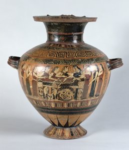 Sort-figur hydria, der skildrer Nereiderne, der sørger over Achilleus, ca. 560-550 f.Kr. (keramik)