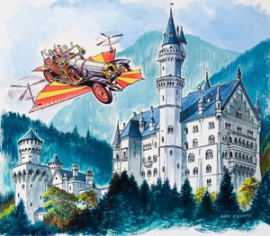 Chitty Chitty Bang Bang passerer Neushwanstein i de bayerske alper af Dan Escott