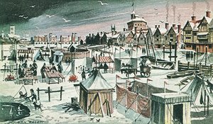Frostmesse på Themsen (farvelitografi) af Dan Escott