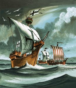 Handelsskibe med tyske riddere om bord nærmer sig et piratskib