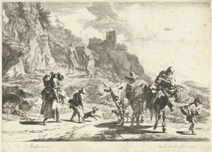 Kvinde på et pakket æsel, mand med ko og andre rejsende i bjerglandskab Southern Landscapes (serietitel)