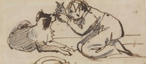Et barn leger med en hund (blyant, kuglepen og brunt blæk på papir) af Daniel Maclise