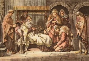 Harold, der vender tilbage fra Normandiet, præsenterer sig for Edvard Bekenderen, indgraveret af JD Cooper (farvet indgravering) af Daniel Maclise