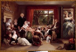 Tøffeljagtens spil Spilscene i et engelsk borgerligt interiør. Maleri af Daniel Maclise (1806-1870) 1800-tallets privatsamling