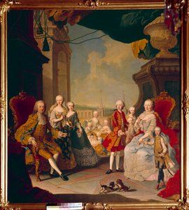Francois I af Det Hellige Rige (1708-1765) og hans kone, imponen Marie Therese Iere (1717-1780) med deres elleve børn på terrassen på slottet Schönbrunn (eller Schönbrunn) Den kommende dronning Marie Antoinette poserer stadig i centrum baby. Maling af Daniel (and Studio) (after) Mytens