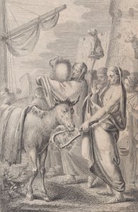 Figurer til højre nær et skib, nogle holder dyr op over hovedet, en hest til venstre, 1783 af Daniel Berger