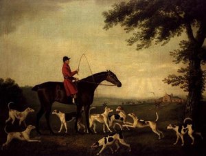 Jæger med hunde i et landskab