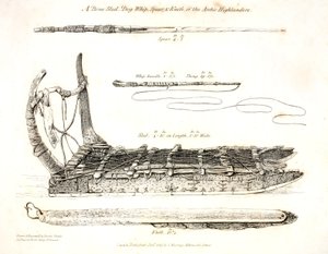 En knogleslæde, hundepisk, spyd og kniv fra de arktiske højlandere, illustration fra 
