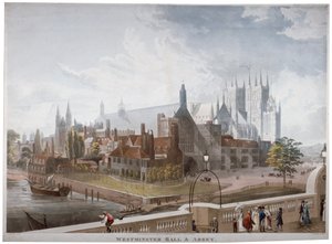 Udsigt over Westminster Hall og Abbey, fra Westminster Bridge, London, 1819. af Daniel Havell