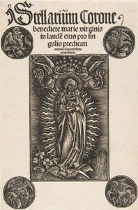 Jomfru på en halvmåne, titelblad fra Pelbartus de Temesvar: Stellarium corone Schr. 2869..., 1502. af Daniel Hopfer.